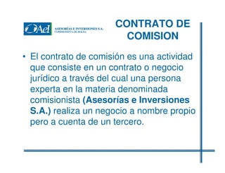 CONTRATO DE
COMISION
• El contrato de comisión es una actividad
que consiste en un contrato o negocio
jurídico a través del cual una persona
experta en la materia denominada
comisionista (Asesorías e Inversiones
S.A.) realiza un negocio a nombre propio
pero a cuenta de un tercero.

 