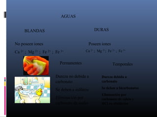 AGUAS
DURAS

BLANDAS
No poseen iones

Poseen iones

Ca 2+ ; Mg 2+ ; Fe 2+ ; Fe 3+

Ca 2+ ; Mg 2+; Fe 2+ ; Fe 3+

Permanentes

Temporales

Dureza no debida a
carbonato

Dureza debida a
carbonato

Se deben a sulfatos

Se deben a bicarbonatos

Eliminación por
carbonato de sodio

Eliminación por
carbonato de calcio y
HCl en ebullición

 