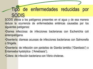 Tipo de enfermedades reducidas por
SODIS
SODIS afecta a los patógenos presentes en el agua y de esa manera
reduce la ocurrencia de enfermedades entéricas causadas por los
siguientes patógenos:
•Diarrea infecciosa: de infecciones bacterianas con Escherichia coli
enteropatógena.
•Disentería: diarreas acuosas de infecciones bacterianas con Salmonella
o Shigella.
•Disentería: de infección con parásitos de Giardia lamblia (“Giardiasis”) o
Entamoeba hystolytica (“Amebiasis”).
•Cólera: de infección bacteriana con Vibrio cholerae.
 