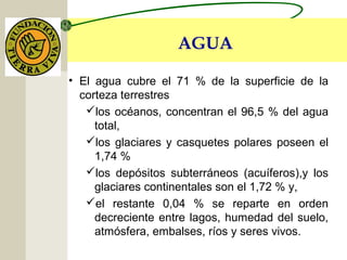 AGUA
• El agua cubre el 71 % de la superficie de la
corteza terrestres
los océanos, concentran el 96,5 % del agua
total,
los glaciares y casquetes polares poseen el
1,74 %
los depósitos subterráneos (acuíferos),y los
glaciares continentales son el 1,72 % y,
el restante 0,04 % se reparte en orden
decreciente entre lagos, humedad del suelo,
atmósfera, embalses, ríos y seres vivos.
 