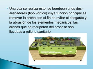    Una vez se realiza esto, se bombean a los des-
    arenadores (tipo vórtice) cuya función principal es
    remover la arena con el fin de evitar el desgaste y
    la abrasión de los elementos mecánicos, las
    arenas que se recuperan del proceso son
    llevadas a relleno sanitario
 