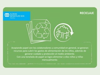 RECICLAJE
Acopiando papel con los colaboradores y comunidad en general, se generan
recursos para cubrir los gastos de alimentación de los niños, además de
generar cuidado y protección al medio ambiente.
Con una tonelada de papel se logra alimentar a diez niños y niñas
mensualmente.
 