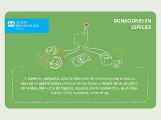 A través de campañas para la obtención de donaciones en especies,
necesarias para el mantenimiento de las aldeas y demás servicios como:
alimentos, productos de higiene, equipos electrodomésticos, medicinas,
vestido, útiles escolares, entre otros.
DONACIONES EN
ESPECIES
 
