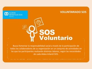 VOLUNTARIADO SOS
Busca fomentar la responsabilidad social a través de la participación de
todos los colaboradores de su organización en un conjunto de actividades en
las que los participantes realizarán distintas labores, según las necesidades
de cada Aldea Infantil SOS.
 