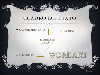 CUADRO DE TEXTO
 1. CUADRO DE TEXTO
 2. WORDART
INSERTAR
Índice
 