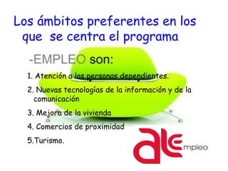 Los ámbitos preferentes en los
que se centra el programa
AL-EMPLEO son:
1. Atención a las personas dependientes.
2. Nuevas tecnologías de la información y de la
comunicación
3. Mejora de la vivienda
4. Comercios de proximidad
5.Turismo.
 