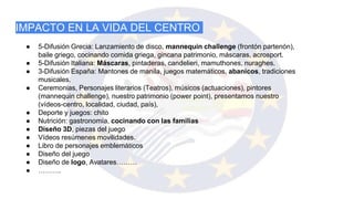 IMPACTO EN LA VIDA DEL CENTRO
● 5-Difusión Grecia: Lanzamiento de disco, mannequin challenge (frontón partenón),
baile griego, cocinando comida griega, gincana patrimonio, máscaras, acrosport.
● 5-Difusión Italiana: Máscaras, pintaderas, candelieri, mamuthones, nuraghes.
● 3-Difusión España: Mantones de manila, juegos matemáticos, abanicos, tradiciones
musicales.
● Ceremonias, Personajes literarios (Teatros), músicos (actuaciones), pintores
(mannequin challenge), nuestro patrimonio (power point), presentamos nuestro
(vídeos-centro, localidad, ciudad, país),
● Deporte y juegos: chito
● Nutrición: gastronomía, cocinando con las familias
● Diseño 3D, piezas del juego
● Vídeos resúmenes movilidades.
● Libro de personajes emblemáticos
● Diseño del juego
● Diseño de logo, Avatares………
● ……….
 