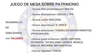 JUEGO DE MESA SOBRE PATRIMONIO
- Somos (Nos presentamos)= INGLÉS
- Somos diseñadores= DIBUJO y TPR
- Somos chefs= BIOLOGÍA
- Somos deportistas= E. FÍSICA
- Somos redactores= TODOS LOS DEPARTAMENTOS
(PERSONAJES)
- Somos guías turísticos= GEOG. HISTORIA,
FILOSOFÍA, TECNOLOGÍA, LENGUA, MÚSICA,
DIBUJO, RELIGIÓN, MATEMÁTICAS.
- Somos digitales= TODOS
DESARROLLO
DE
HABILIDADES
con TALLERES
 