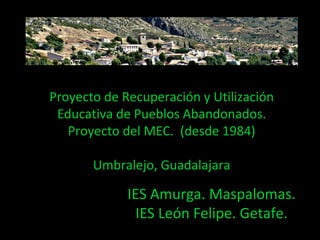 Proyecto de Recuperación y Utilización
Educativa de Pueblos Abandonados.
Proyecto del MEC. (desde 1984)
Umbralejo, Guadalajara
IES Amurga. Maspalomas.
IES León Felipe. Getafe.
 