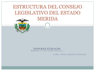 Poderes públicos MERIDA, 07 DE JULIO DE 2011. Lcdo. José Alberto Sánchez ESTRUCTURA DEL CONSEJO LEGISLATIVO DEL ESTADO MERIDA 