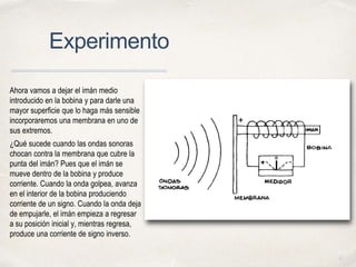 01
Experimento
Ahora vamos a dejar el imán medio
introducido en la bobina y para darle una
mayor superficie que lo haga más sensible
incorporaremos una membrana en uno de
sus extremos.
¿Qué sucede cuando las ondas sonoras
chocan contra la membrana que cubre la
punta del imán? Pues que el imán se
mueve dentro de la bobina y produce
corriente. Cuando la onda golpea, avanza
en el interior de la bobina produciendo
corriente de un signo. Cuando la onda deja
de empujarle, el imán empieza a regresar
a su posición inicial y, mientras regresa,
produce una corriente de signo inverso.
 