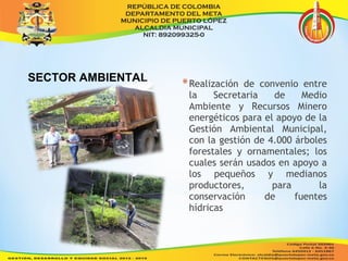 *Realización de convenio entre 
la Secretaria de Medio 
Ambiente y Recursos Minero 
energéticos para el apoyo de la 
Gestión Ambiental Municipal, 
con la gestión de 4.000 árboles 
forestales y ornamentales; los 
cuales serán usados en apoyo a 
los pequeños y medianos 
productores, para la 
conservación de fuentes 
hídricas 
SECTOR AMBIENTAL 
 