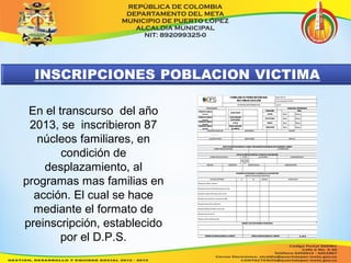 En el transcurso del año 
2013, se inscribieron 87 
núcleos familiares, en 
condición de 
desplazamiento, al 
programas mas familias en 
acción. El cual se hace 
mediante el formato de 
preinscripción, establecido 
por el D.P.S. 
 