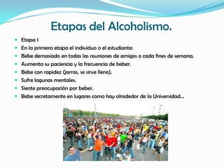 Etapas del Alcoholismo.
 Etapa 1
 En la primera etapa el individuo o el estudiante:
 Bebe demasiado en todas las reuniones de amigos o cada fines de semana.
 Aumenta su paciencia y la frecuencia de beber.
 Bebe con rapidez (jarras, se sirve lleno).
 Sufre lagunas mentales.
 Siente preocupación por beber.
 Bebe secretamente en lugares como hay alrededor de la Universidad...
 