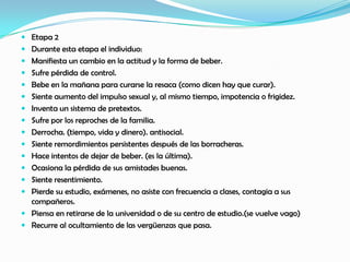  Etapa 2
 Durante esta etapa el individuo:
 Manifiesta un cambio en la actitud y la forma de beber.
 Sufre pérdida de control.
 Bebe en la mañana para curarse la resaca (como dicen hay que curar).
 Siente aumento del impulso sexual y, al mismo tiempo, impotencia o frigidez.
 Inventa un sistema de pretextos.
 Sufre por los reproches de la familia.
 Derrocha. (tiempo, vida y dinero). antisocial.
 Siente remordimientos persistentes después de las borracheras.
 Hace intentos de dejar de beber. (es la última).
 Ocasiona la pérdida de sus amistades buenas.
 Siente resentimiento.
 Pierde su estudio, exámenes, no asiste con frecuencia a clases, contagia a sus
  compañeros.
 Piensa en retirarse de la universidad o de su centro de estudio.(se vuelve vago)
 Recurre al ocultamiento de las vergüenzas que pasa.
 