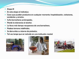 Etapa III
 En esta etapa el individuo:
 Casos que pueden producirse en cualquier momento: hospitalización, violaciones,
  accidentes y arrestos.
 Sufre borracheras prolongadas.
 Pierde la tolerancia al alcohol.
 Le lleva más tiempo recuperarse de una borrachera.
 Padece temores indefinidos.
 Se derrumba su sistema de pretextos.
 Tal vez tenga que ser recluido en una institución mental
 