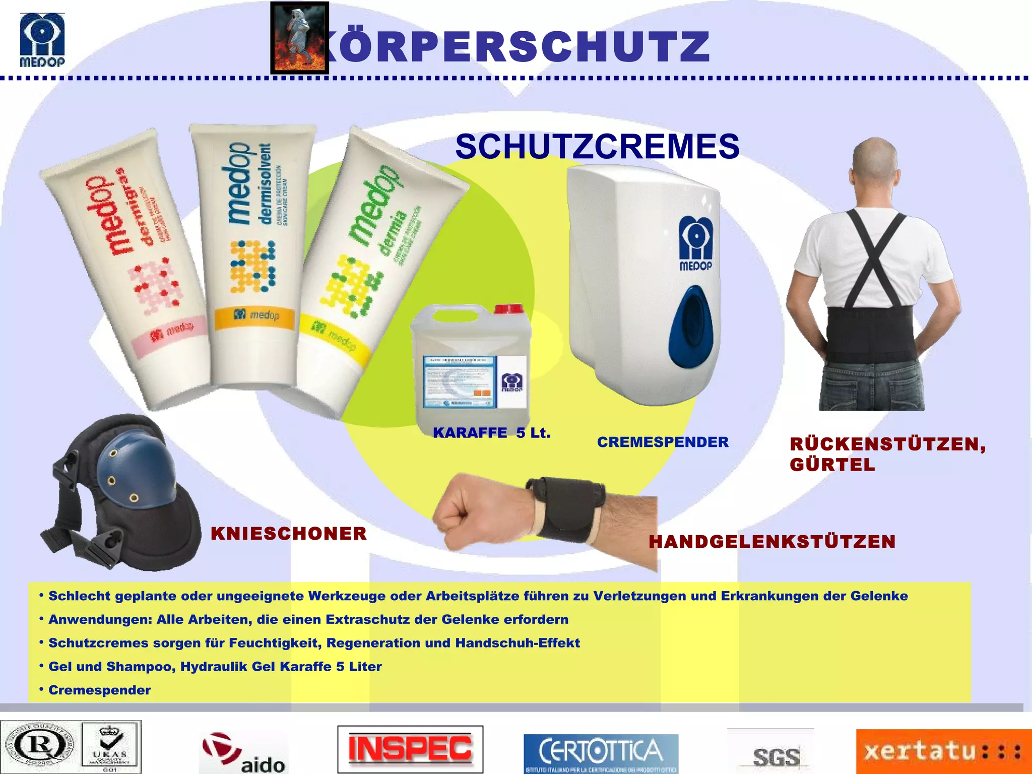 Schlecht geplante oder ungeeignete Werkzeuge oder Arbeitsplätze führen zu Verletzungen und Erkrankungen der Gelenke Anwendungen: Alle Arbeiten, die einen Extraschutz der Gelenke erfordern Schutzcremes sorgen für Feuchtigkeit, Regeneration und Handschuh-Effekt Gel und Shampoo, Hydraulik Gel Karaffe 5 Liter Cremespender RÜCKENSTÜTZEN,  GÜRTEL KNIESCHONER HANDGELENKSTÜTZEN KÖRPERSCHUTZ SCHUTZCREMES CREMESPENDER KARAFFE   5 Lt. 