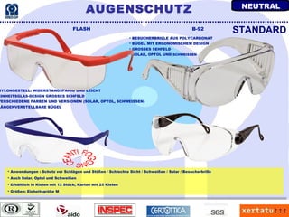 Anwendungen : Schutz vor Schlägen und Stößen / Schlechte Sicht / Schweißen / Solar / Besucherbrille Auch Solar, Optol und Schweißen  Erhältlich in Kisten mit 12 Stück, Karton mit 25 Kisten Größen: Einheitsgröße M FLASH B-92 NYLONGESTELL: WIDERSTANDSFÄHIG UND LEICHT EINHEITSGLAS-DESIGN GROSSES SEHFELD VERSCHIEDENE FARBEN UND VERSIONEN (SOLAR, OPTOL, SCHWEISSEN) LÄNGENVERSTELLBARE BÜGEL STANDARD BESUCHERBRILLE AUS POLYCARBONAT BÜGEL MIT ERGONOMISCHEM DESIGN GROSSES SEHFELD SOLAR, OPTOL UND  SCHWEISSEN AUGENSCHUTZ ANTI  FOGGING  CE NEUTRAL 