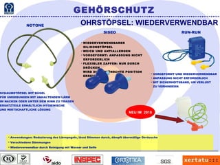 Anwendungen: Reduzierung des Lärmpegels, lässt Stimmen durch, dämpft übermäßige Geräusche Verschiedene Dämmungen Wiederverwendbar durch Reinigung mit Wasser und Seife SCHAUMSTÖPSEL MIT BÜGEL FÜR UMGEBUNGEN MIT ANHALTENDEM LÄRM IM NACKEN ODER UNTER DEM KINN ZU TRAGEN ERSATZTEILE ERHÄLTLICH: HYGIENISCHE  UND WIRTSCHAFTLICHE LÖSUNG OHRSTÖPSEL: WIEDERVERWENDBAR NOTONE SISEO  RUN-RUN GEHÖRSCHUTZ WIEDERVERWENDBARER SILIKONSTÖPSEL WEICH UND ANTIALLERGEN VORGEFORMT: ANPASSUNG NICHT ERFORDERLICH FLEXIBLER ZAPFEN: NUR DURCH DRÜCKEN  WIRD DIE GEWÜNSCHTE POSITION ERREICHT VORGEFORMT UND WIEDERVERWENDBAR ANPASSUNG NICHT ERFORDERLICH MIT SICHERHEITSBAND, UM VERLUST  ZU VERHINDERN NEU IM  2010 