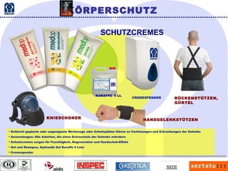 Schlecht geplante oder ungeeignete Werkzeuge oder Arbeitsplätze führen zu Verletzungen und Erkrankungen der Gelenke Anwendungen: Alle Arbeiten, die einen Extraschutz der Gelenke erfordern Schutzcremes sorgen für Feuchtigkeit, Regeneration und Handschuh-Effekt Gel und Shampoo, Hydraulik Gel Karaffe 5 Liter Cremespender RÜCKENSTÜTZEN,  GÜRTEL KNIESCHONER HANDGELENKSTÜTZEN KÖRPERSCHUTZ SCHUTZCREMES CREMESPENDER KARAFFE   5 Lt. 
