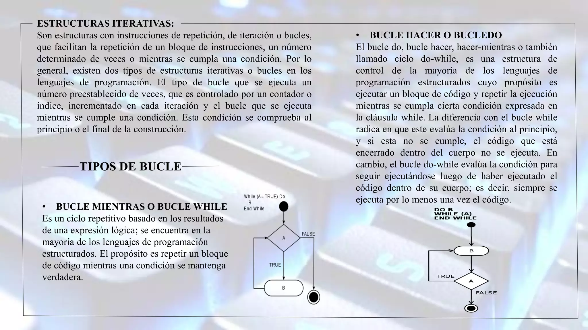 ESTRUCTURAS ITERATIVAS:
Son estructuras con instrucciones de repetición, de iteración o bucles,
que facilitan la repetición de un bloque de instrucciones, un número
determinado de veces o mientras se cumpla una condición. Por lo
general, existen dos tipos de estructuras iterativas o bucles en los
lenguajes de programación. El tipo de bucle que se ejecuta un
número preestablecido de veces, que es controlado por un contador o
índice, incrementado en cada iteración y el bucle que se ejecuta
mientras se cumple una condición. Esta condición se comprueba al
principio o el final de la construcción.
• BUCLE MIENTRAS O BUCLE WHILE
Es un ciclo repetitivo basado en los resultados
de una expresión lógica; se encuentra en la
mayoría de los lenguajes de programación
estructurados. El propósito es repetir un bloque
de código mientras una condición se mantenga
verdadera.
• BUCLE HACER O BUCLEDO
El bucle do, bucle hacer, hacer-mientras o también
llamado ciclo do-while, es una estructura de
control de la mayoría de los lenguajes de
programación estructurados cuyo propósito es
ejecutar un bloque de código y repetir la ejecución
mientras se cumpla cierta condición expresada en
la cláusula while. La diferencia con el bucle while
radica en que este evalúa la condición al principio,
y si esta no se cumple, el código que está
encerrado dentro del cuerpo no se ejecuta. En
cambio, el bucle do-while evalúa la condición para
seguir ejecutándose luego de haber ejecutado el
código dentro de su cuerpo; es decir, siempre se
ejecuta por lo menos una vez el código.
TIPOS DE BUCLE
 