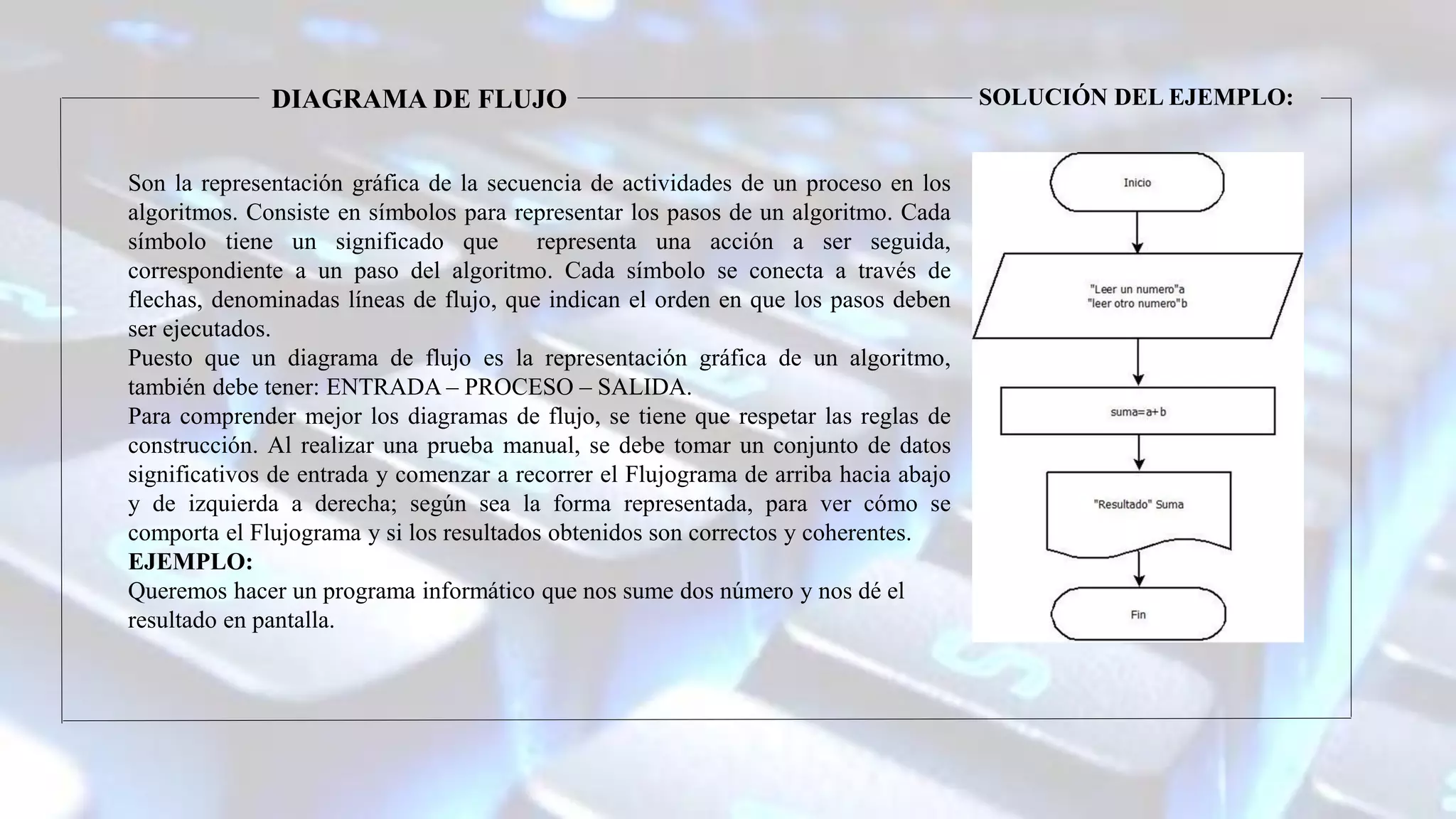 DIAGRAMA DE FLUJO
Son la representación gráfica de la secuencia de actividades de un proceso en los
algoritmos. Consiste en símbolos para representar los pasos de un algoritmo. Cada
símbolo tiene un significado que representa una acción a ser seguida,
correspondiente a un paso del algoritmo. Cada símbolo se conecta a través de
flechas, denominadas líneas de flujo, que indican el orden en que los pasos deben
ser ejecutados.
Puesto que un diagrama de flujo es la representación gráfica de un algoritmo,
también debe tener: ENTRADA – PROCESO – SALIDA.
Para comprender mejor los diagramas de flujo, se tiene que respetar las reglas de
construcción. Al realizar una prueba manual, se debe tomar un conjunto de datos
significativos de entrada y comenzar a recorrer el Flujograma de arriba hacia abajo
y de izquierda a derecha; según sea la forma representada, para ver cómo se
comporta el Flujograma y si los resultados obtenidos son correctos y coherentes.
EJEMPLO:
Queremos hacer un programa informático que nos sume dos número y nos dé el
resultado en pantalla.
SOLUCIÓN DEL EJEMPLO:
 