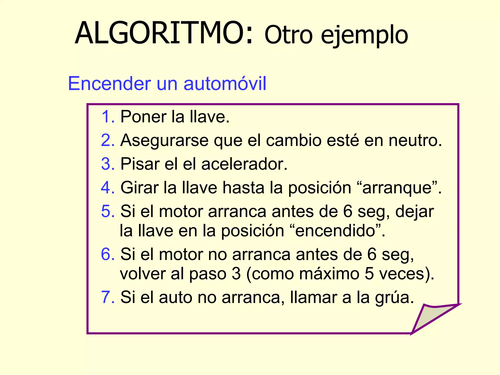 1.  Poner la llave. 2.  Asegurarse que el cambio esté en neutro. 3.  Pisar el el acelerador. 4.  Girar la llave hasta la posición “arranque”. 5.  Si el motor arranca antes de 6 seg, dejar la llave en la posición “encendido”. 6.  Si el motor no arranca antes de 6 seg, volver al paso 3 (como máximo 5 veces). 7.  Si el auto no arranca, llamar a la grúa. ALGORITMO :  Otro ejemplo Encender un automóvil 