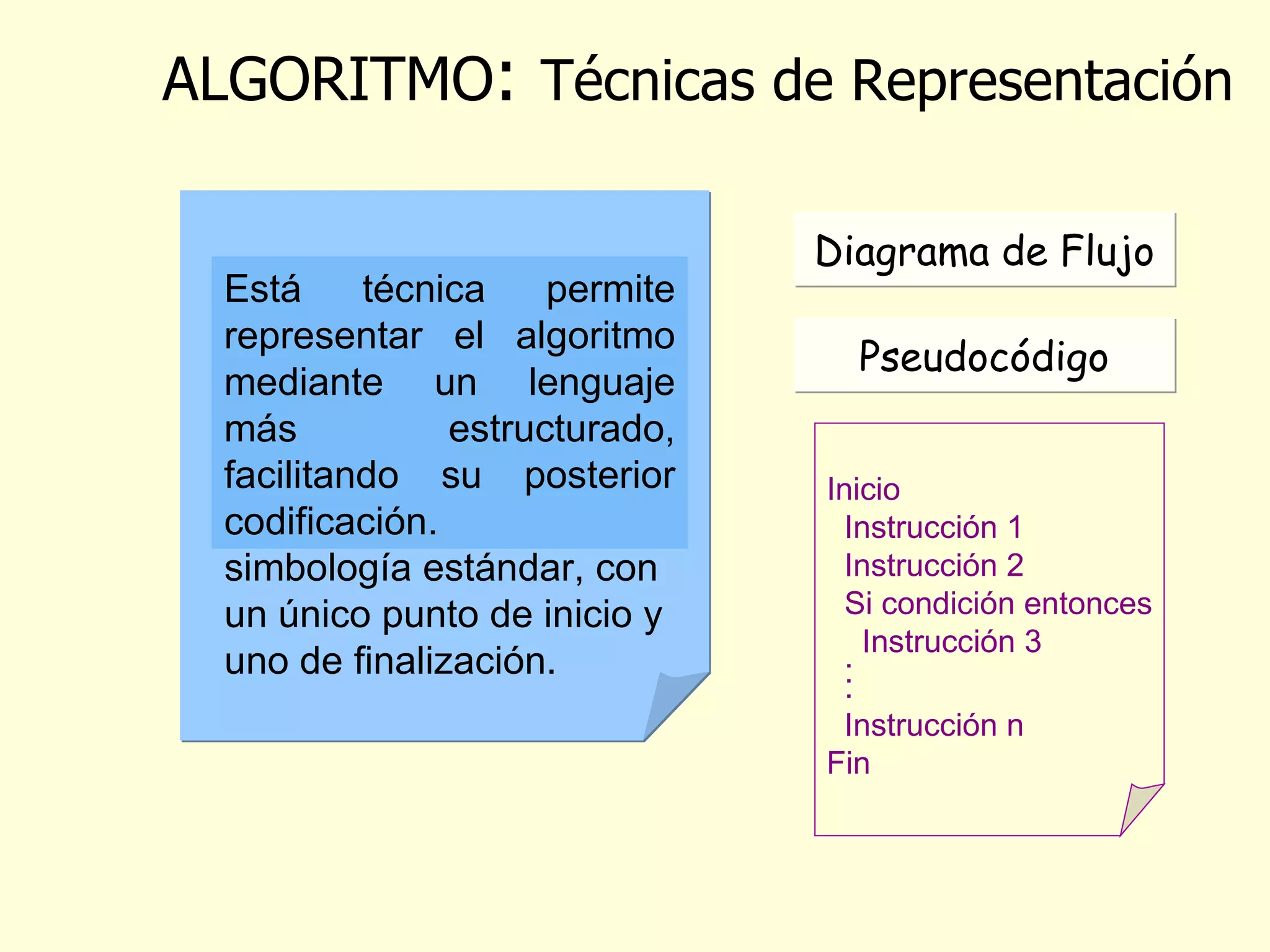 ALGORITMO :  Técnicas de Representación   Es una técnica que permite representar gráficamente las operaciones  y estructuras que se van a realizar, mediante una simbología estándar, con un único punto de inicio y uno de finalización.  Está técnica permite representar el algoritmo mediante un lenguaje más estructurado, facilitando su posterior codificación.  Diagrama de Flujo Pseudocódigo Inicio Instrucción 1 Instrucción 2 Si condición entonces Instrucción 3 . . . Instrucción n Fin 
