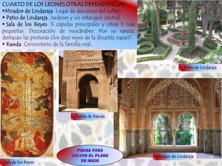 CUARTO DE LOS LEONES OTRAS DEPENDENCIAS
Mirador de Lindaraja. Lugar de descanso del sultán.
 Patio de Lindaraja. Jardines y un estanque central.
 Sala de los Reyes. 3 cúpulas principales y otras 5 más
pequeñas. Decoración de mocárabes. Por su rareza,
destacan las pinturas (los diez reyes de la dinastía nazarí).
 Rawda. Cementerio de la familia real.



                                                                               Patio de Lindaraja




                                 Puerta de Rawda




                                 PINCHA PARA
                               VOLVER AL plano                  Mirador de Lindaraja
Sala de los Reyes                  de INICIO
 