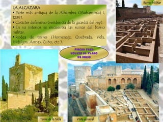 Barrio Militar
LA ALCAZABA.
 Parte más antigua de la Alhambra (Muhammad I,
1239).
 Carácter defensivo (residencia de la guardia del rey).
 En su interior se encuentra las ruinas del barrio
militar.
 Rodea de torres (Homenaje, Quebrada, Vela,
Hidalgos, Armas, Cubo, etc.).
                                     Pincha para
                                   VOLVER AL plano
                                       de INICIO




                Torre de la Vela      Vista general
 
