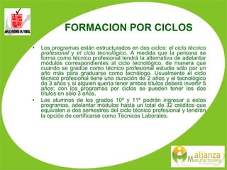 FORMACION POR CICLOS Los programas están estructurados en dos ciclos:  el ciclo técnico profesional  y  el ciclo tecnológico . A medida que la persona se forma como técnico profesional tendrá la alternativa de adelantar módulos correspondientes al ciclo tecnológico, de manera que cuando se gradúe como técnico profesional estudie sólo por un año más para graduarse como tecnólogo. Usualmente el ciclo técnico profesional tiene una duración de 2 años y el tecnológico de 3 años y si alguien quería tener ambos títulos deberá invertir 5 años; con los programas por ciclos se pueden tener los dos títulos en sólo 3 años. Los alumnos de los grados 10º y 11º podrán ingresar a estos programas, adelantar módulos hasta un total de 32 créditos que equivalen a dos semestres del ciclo técnico profesional y tendrán la opción de certificarse como Técnicos Laborales . 