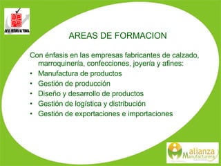 AREAS DE FORMACION Con énfasis en las empresas fabricantes de calzado, marroquinería, confecciones, joyería y afines: Manufactura de productos Gestión de producción Diseño y desarrollo de productos Gestión de logística y distribución Gestión de exportaciones e importaciones 