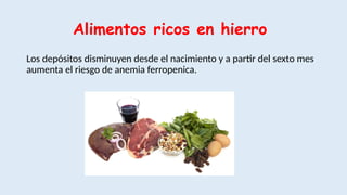Alimentos ricos en hierro
Los depósitos disminuyen desde el nacimiento y a partir del sexto mes
aumenta el riesgo de anemia ferropenica.
 