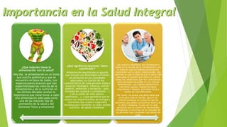 ¿Qué relación tiene la
alimentación con la salud?
Hoy día, la alimentación es un tema
que suscita polémicas y que se
encuentra en boca de todos. Los
espectaculares avances que han
experimentado las ciencias de la
alimentación y de la nutrición en
las últimas décadas revelan la
importancia que tiene llevar a cabo
una alimentación adecuada como
una de las mejores vías de
promoción de la salud y del
bienestar físico y emocional
¿Qué significa la expresión "dieta
equilibrada"?
Alimentación equilibrada es aquella
que incluye una diversidad suficiente
de alimentos en las cantidades
adecuadas, en función de las
características de cada persona (edad y
situación fisiológica -infancia, estirón
puberal, embarazo y lactancia-, sexo,
composición corporal y complexión...)
y de su estilo de vida (activo,
sedentario...), y que garantiza que se
cubren los requerimientos de energía y
nutrientes que nuestro organismo
necesita para mantener un buen estado
nutritivo, de salud y bienestar.
Los avances científicos nos introducen a
fondo en el mundo de la alimentación y en
la relación que los hábitos alimentarios
mantienen con la salud. Cada estudio, nos
reafirma en que la idea de que la dieta más
adecuada es aquella que tiene en cuenta
todas las condiciones que nos caracterizan
como personas educadas en una cultura
determinada, con hábitos alimenticios
concretos, gustos, estado de salud,
costumbres e ideales, actividad física y
estilos de vida diferentes.
Por tanto, no existe una dieta ideal que
sirva para todo el mundo, pero sí un
criterio universal en cuanto al tipo de
alimentos que deben consumirse dentro de
la dieta cotidiana, lo que por un lado
garantiza que se cubren las necesidades
energéticas y nutritivas de la totalidad de
las personas que componen una población
sana.
 