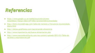  https://www.google.co.ve/webhp?sourceid=chrome-
instant&ion=1&espv=2&ie=UTF-8#q=raciones%20recomendadas
 http://html.rincondelvago.com/tabla-de-raciones-y-frecuencia-recomendada-
diaria.html
 http://dietas.guiafitness.com/tag/piramide-alimenticia
 http://www.importancia.org/buena-alimentacion.php
 http://www.nuecesdecalifornia.com/wp-content/uploads/2013/01/Tabla-de-
raciones-y-equivalencias.pdf
 