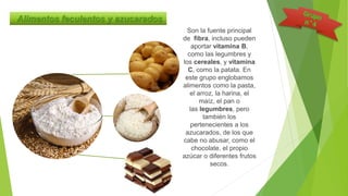 Alimentos feculentos y azucarados
Son la fuente principal
de fibra, incluso pueden
aportar vitamina B,
como las legumbres y
los cereales, y vitamina
C, como la patata. En
este grupo englobamos
alimentos como la pasta,
el arroz, la harina, el
maíz, el pan o
las legumbres, pero
también los
pertenecientes a los
azucarados, de los que
cabe no abusar, como el
chocolate, el propio
azúcar o diferentes frutos
secos.
..
.
ff
 