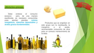 Productos que se engloban en
este grupo son la mantequilla, la
margarina o el aceite,
recomendable consumirlo de oliva
para un correcto mantenimiento de
la dieta.
Materias grasas
Debe evitarse el consumo
excesivo pero, de una manera
equilibrada, es necesario consumirlas
pues aportan grandes valores
energéticos, vitaminas liposolubles y
ácidos grasos fundamentales.
 