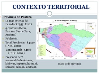 CONTEXTO TERRITORIAL
 Provincia de Pastaza
 La mas extensa del
Ecuador (29531 km2)
 4 cantones (Mera,
Pastaza, Santa Clara,
Arajuno)
 Población.
 Total Provincia: 84329
(INEC 2010)
CantonTotal: 64116
(INEC 2001 )
 Presencia de 7
nacionalidades (shuar,
kichwas, saparos, huorani,
shiwiar, achuar, andoas).
mapa de la provincia
 