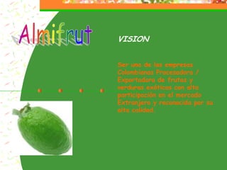 VISION


Ser una de las empresas
Colombianas Procesadora /
Exportadora de frutas y
verduras exóticas con alta
participación en el mercado
Extranjero y reconocida por su
alta calidad.
 