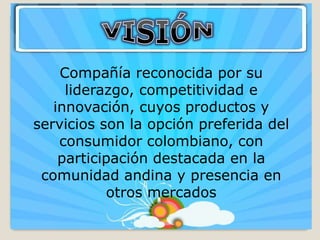 Compañía reconocida por su
     liderazgo, competitividad e
   innovación, cuyos productos y
servicios son la opción preferida del
    consumidor colombiano, con
    participación destacada en la
 comunidad andina y presencia en
           otros mercados
 