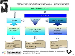 EJERCICIO PROFESIONAL POSGRADO GRADO MÁSTER DOCTORADO 240 CRÉDITOS 4 AÑOS * 60-120 CRÉDITOS 1-2 AÑOS 3-4 AÑOS  Formación +  Investigación +  Tesis doctoral Graduado en  ______ por la UPV/EHU Doctor por la  UPV/EHU ESTRUCTURA ESTUDIOS UNIVERSITARIOS *  Excepto Medicina (6 años), Odontología (5), Farmacia (5) Veterinaria (5) y  Arquitectura (5 + Proyecto)  CARACTERÍSTICAS Máster Universitario en  __ por la UPV/EHU 