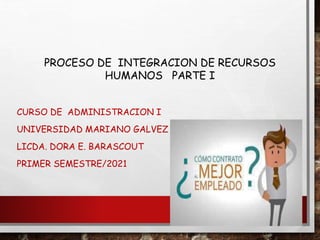 PROCESO DE INTEGRACION DE RECURSOS
HUMANOS PARTE I
CURSO DE ADMINISTRACION I
UNIVERSIDAD MARIANO GALVEZ
LICDA. DORA E. BARASCOUT
PRIMER SEMESTRE/2021
 
