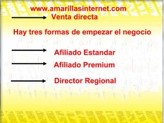 www.amarillasinternet.com Hay tres formas de empezar el negocio Afiliado Estandar Afiliado Premium Director Regional Venta directa 
