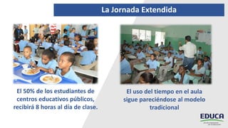 La Jornada Extendida
El 50% de los estudiantes de
centros educativos públicos,
recibirá 8 horas al día de clase.
El uso del tiempo en el aula
sigue pareciéndose al modelo
tradicional
 