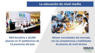 La educación de nivel medio
NEO beneficia a 18,600
jóvenes en 27 politécnicos de
13 provincias del país
Alinear necesidades del mercado,
con las competencias y habilidades
de jóvenes de nivel técnico
 