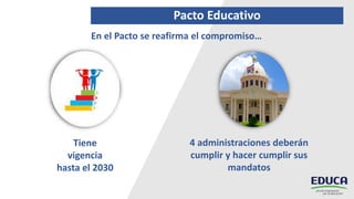 Tiene
vigencia
hasta el 2030
4 administraciones deberán
cumplir y hacer cumplir sus
mandatos
En el Pacto se reafirma el compromiso…
Pacto Educativo
 