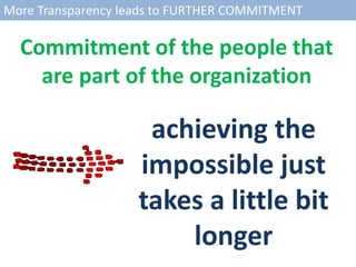 More Transparency leads to FURTHER COMMITMENT
Commitment of the people that
are part of the organization
achieving the
impossible just
takes a little bit
longer
 