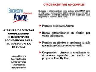 OTROS INCENTIVOS ADICIONALES:Realizado el primer evento en forma exitosa, tanto AMWAY como el empresario  independiente podrán aportar o negociar con la institución otros incentivos adicionales al 50% de comisión sobre las ganancias obtenidas, tales como:Premios  especiales Amway