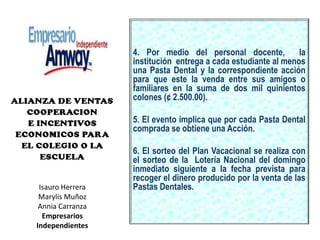 4. Por medio del personal docente,  la institución  entrega a cada estudiante al menos una Pasta Dental y la correspondiente acción para que este la venda entre sus amigos o familiares en la suma de dos mil quinientos colones (¢ 2.500.00).5. El evento implica que por cada Pasta Dental comprada se obtiene una Acción.  6. El sorteo del Plan Vacacional se realiza con el sorteo de la  Lotería Nacional del domingo inmediato siguiente a la fecha prevista para recoger el dinero producido por la venta de las Pastas Dentales. Isauro Herrera Marylis MuñozAnnia CarranzaEmpresarios Independientes