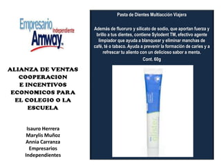 Pasta de Dientes Multiacción ViajeraAdemás de fluoruro y silicato de sodio, que aportan fuerza y brillo a tus dientes, contiene Sylodent TM, efectivo agente limpiador que ayuda a blanquear y eliminar manchas de café, té o tabaco. Ayuda a prevenir la formación de caries y a refrescar tu aliento con un delicioso sabor a menta.Cont. 60gIsauro Herrera Marylis MuñozAnnia CarranzaEmpresarios Independientes